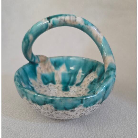 Terracotta Pottery Art Glazed Basket Green White Drip Paint Made Italy Numbered - Picture 4 of 9